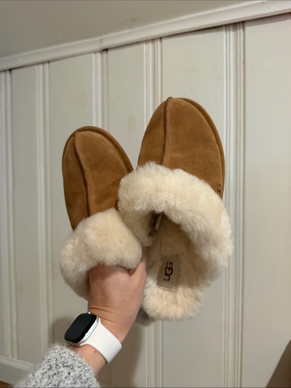UGG Chestnut Suede Slip-On Slippers with Cream Shearling
